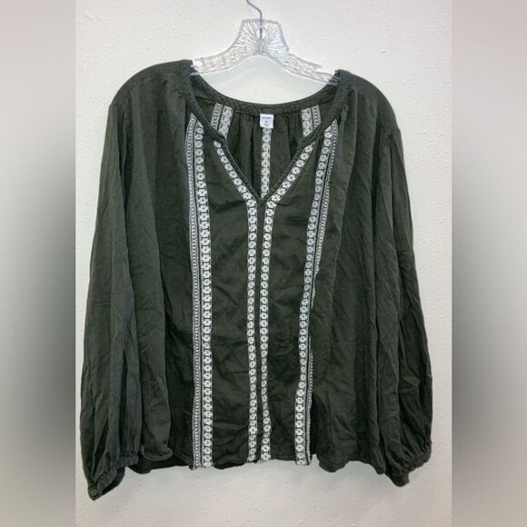 Old navy Army Green Boho Long Sleeve V-Neck Blouse with White Embroidery XL - Picture 1 of 2